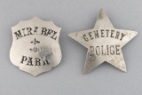 This lot consists of two Badges: (1) Mirabel Park Shield Badge, 2 1/2