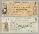 This lot consists of two Texas Treasury Warrants: (1) $5.00 Treasury Warrant dated May 3, 1862, paid