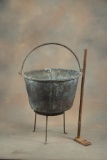 Antique copper Apple Butter Rendering Pot with blacksmith made iron handle and original wooden paddl