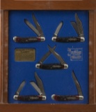 Collection of five Commemorative Trade Knives made by Schrade, SN RO704. Etched blades pertaining to