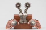 Awesome pair of Lytle & Mower double mounted Spurs with fine hand engraved silver overlay, unique he