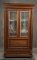 Antique single door walnut Bookcase with 2 fancy etched glass windows, circa 1900, with full width d