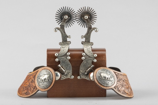 Pair of incredible Lytle & Mower double mounted Spurs showing some of the finest hand engraving in t