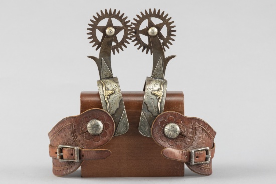 Pair of Jack Ferguson double mounted Spurs with hand engraved silver overlay and raised gold longhor