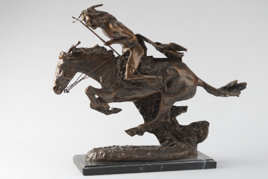 Bronze Sculpture marked "Frederick Remington" titled "Cheyenne" great detail, on marble base. Measur