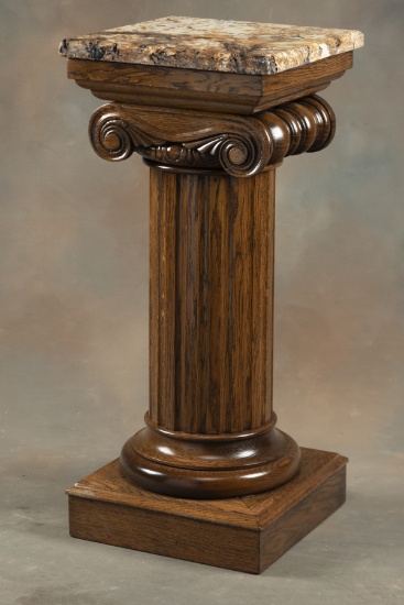 Museum quality antique oak Pedestal, circa 1900, with polished marble top. Pedestal has massive reed