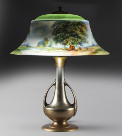 Beautiful antique double signed Pairpoint Table Lamp, circa 1920s, with 20" reverse hand painted sha