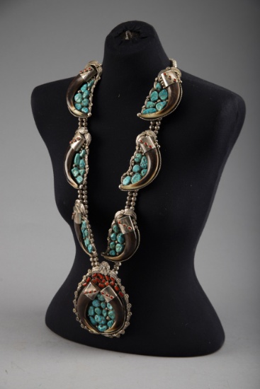Massive silver, turquoise and coral Bear Claw Necklace with 8 bear claws. One of the most outstandin