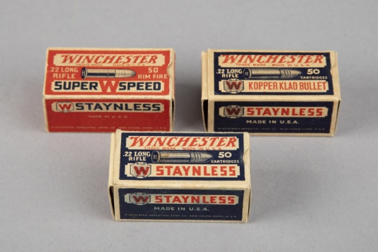 This lot consists of three full Boxes of 50 rounds each of Ammunition. (1) One blue Box of Wincheste