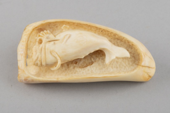 Vintage Whale Tooth, 6" long x 2 1/4" across with three dimensional hand carved whale in center.