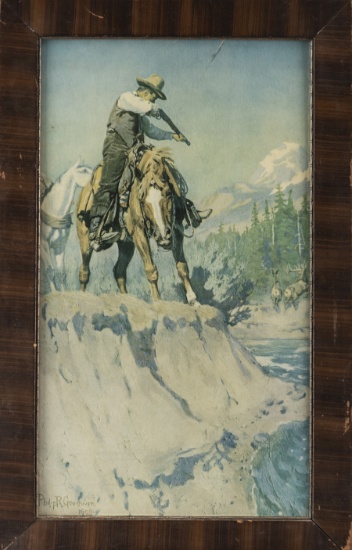 Vintage framed Print, believed to be an advertisement for Marlin or Winchester Arms, circa 1900s, si