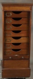 Unique antique multi-drawer mahogany Roll Front Filing System. When roll is in the down position it