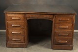Beautiful antique quarter sawn oak double pedestal Flat Top Desk with raised panels, circa 1910, com