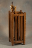 Antique Mission Oak floor model Cane or Umbrella Rack with removable metal drip pan, appears to be i
