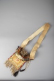 Beaded & fringed Doe skin Carry Bag decorated with porcupine quill and metal fringed trumpets, 8