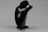 Three piece turquoise and sterling silver Ensemble consisting of Choker with attached drop pendant w