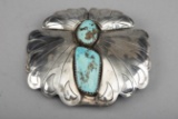 Texas size sterling and turquoise Belt Buckle that matches the previous Bolo, measuring 5 3/4