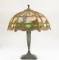 Antique Bent Glass Table Lamp, circa 1925, with 6 scenic panels, attributed to Chicago Lamp Co., Chi