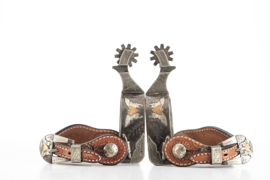 Pair of Pat Ray Castleberry double mounted Spurs in one of his famous butterfly patterns. Butterflie