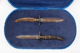 Antique pair of Presentation Style, buck horn handled Knives in fitted Case. One is 13 1/2