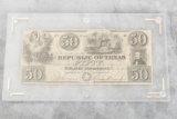 GREAT TEXAS HISTORY. $50.00 Republic of Texas Note dated January 15, 1840, signed by Mirabeau Lamar,