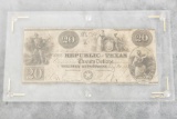 GREAT TEXAS HISTORY! A $20.00 Republic of Texas Note dated July 20, 1839, signed by Mirabeau Lamar,