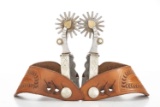 Pair of Lytle & Mower double mounted, hand engraved Spurs with Mother of Pearl inlay, 2