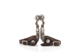 Pair of double mounted gal-leg Spurs, no maker mark visible, hand engraved silver and copper overlay