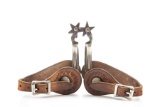 Unique pair of kids double mounted Spurs, possibly McChesney, unique five-point engraved rowels, mou