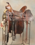 Very desirable early, lightly tooled square skirt Saddle with A-Fork, 14
