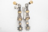 A pair of Russell Yates double mounted Spurs, #225, with hand engraved gold and silver overlay. Note