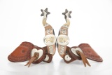 Fine pair of â€œBill Adamsonâ€ marked, double mounted Spurs, hand engraved silver overlay with arro