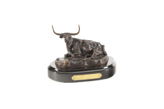 Bronze Sculpture on marble base marked  "Charles M. Russell", titled "The Texas Steer", measures 4 1