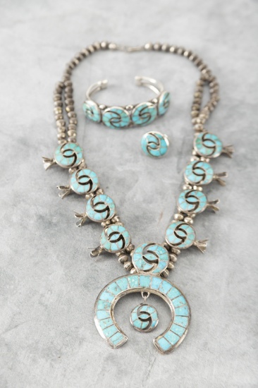 Three piece Silver and Turquoise Set to include  Cuff, Ring & Squash Blossom Naja with inlaid silver