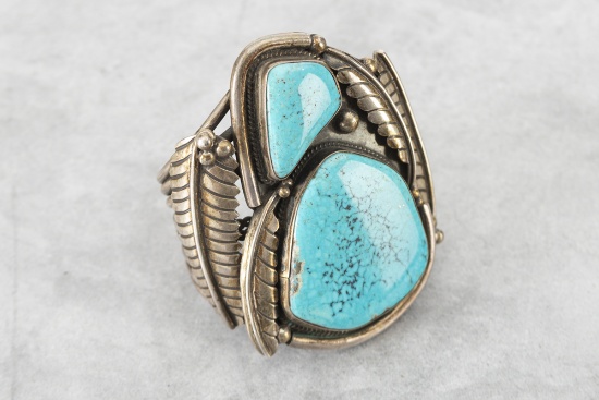Large & very ornate Sterling and Turquoise Cuff with beautifully engraved feathers surrounding stone