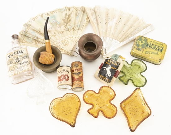 Collection of 11 small Collectibles to include: (1) Two vintage Hand Fans, one with pearl handle. (2