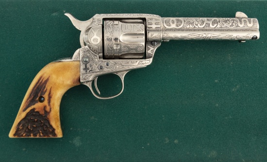 Colt SAA Revolver, .45 caliber, SN 183345, nickel finish with fire blue screws, hand engraved by Tex