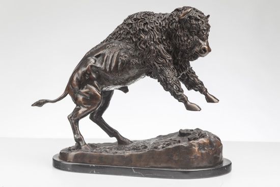 Fine Bronze Sculpture by American Artist "A. Bouche" (1928-1989), of a charging Bull Buffalo, 16" T