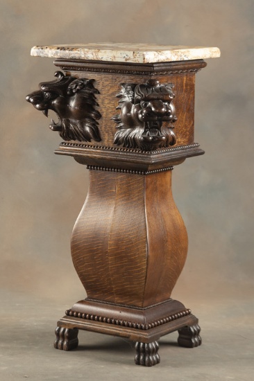 Museum quality antique quarter sawn oak, granite top Pedestal, circa 1890-1910. Excellent finish and