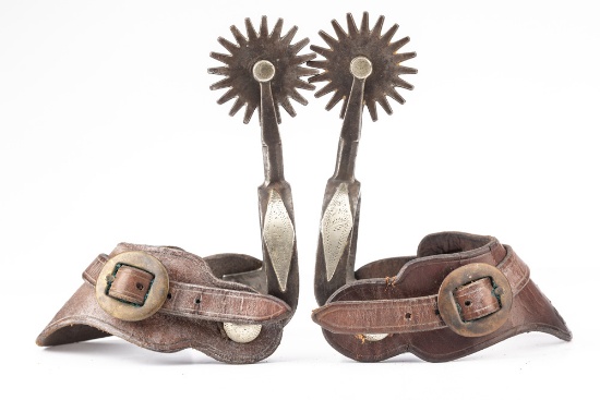 Early pair of "KB&P" marked double mounted Spurs with engraved silver diamonds, desirable beveled an