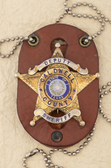 â€œDEPUTY/ CALDWELL COUNTY/ SHERIFFâ€ marked 5-point Ball Star Badge with two tone blue raised porc