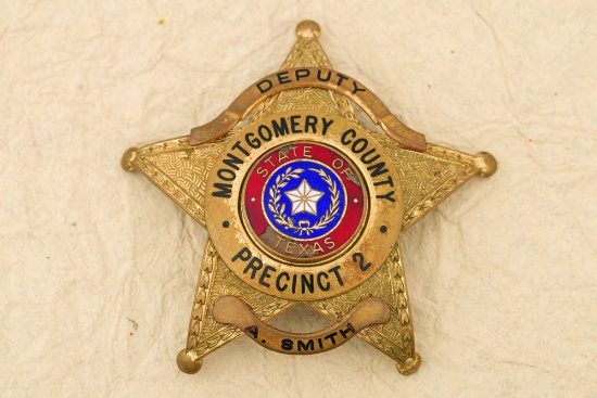 Gold tone 5-point Ball Star Badge, marked  â€œMONTGOMERY COUNTY, DEPUTY BADGE PRECINCT 2 â€œ,  "A. S