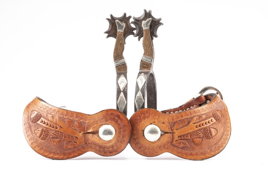 Pair of "O.R. Huff, Ft. Worth, Texas" marked inside heel bands, Spurs, single mounted gal-legs with