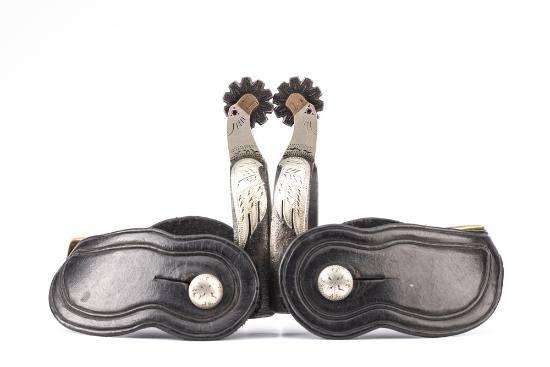 Pair of "Henry Ellis" marked, double mounted Spurs, #214, in the desirable parrot pattern with jewel
