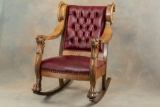 Fantastic antique quarter sawn oak Arm Rocker with massive lion head arms, back measures 46