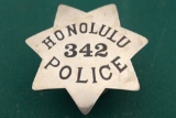 Silver tone â€œHONOLULU POLICE / 342â€ 7-point, Star Badge, black enamel and marked on back â€œLUCA