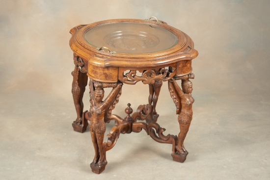 Outstanding antique walnut, figural carved Chair Side Table with lift off beveled glass serving tray