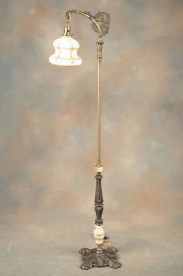 Antique Goose Neck Bridge Lamp, circa 1920s, with onyx center and beautiful cast iron claw foot base