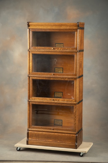 "Globe-Wernicke" marked three quarter size four stack quarter sawn oak Lawyer Bookcase, excellent fi
