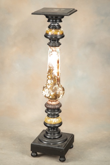 Fantastic and very scarce antique wooden Pedestal with Majolica Column, circa 1910. Center portion o